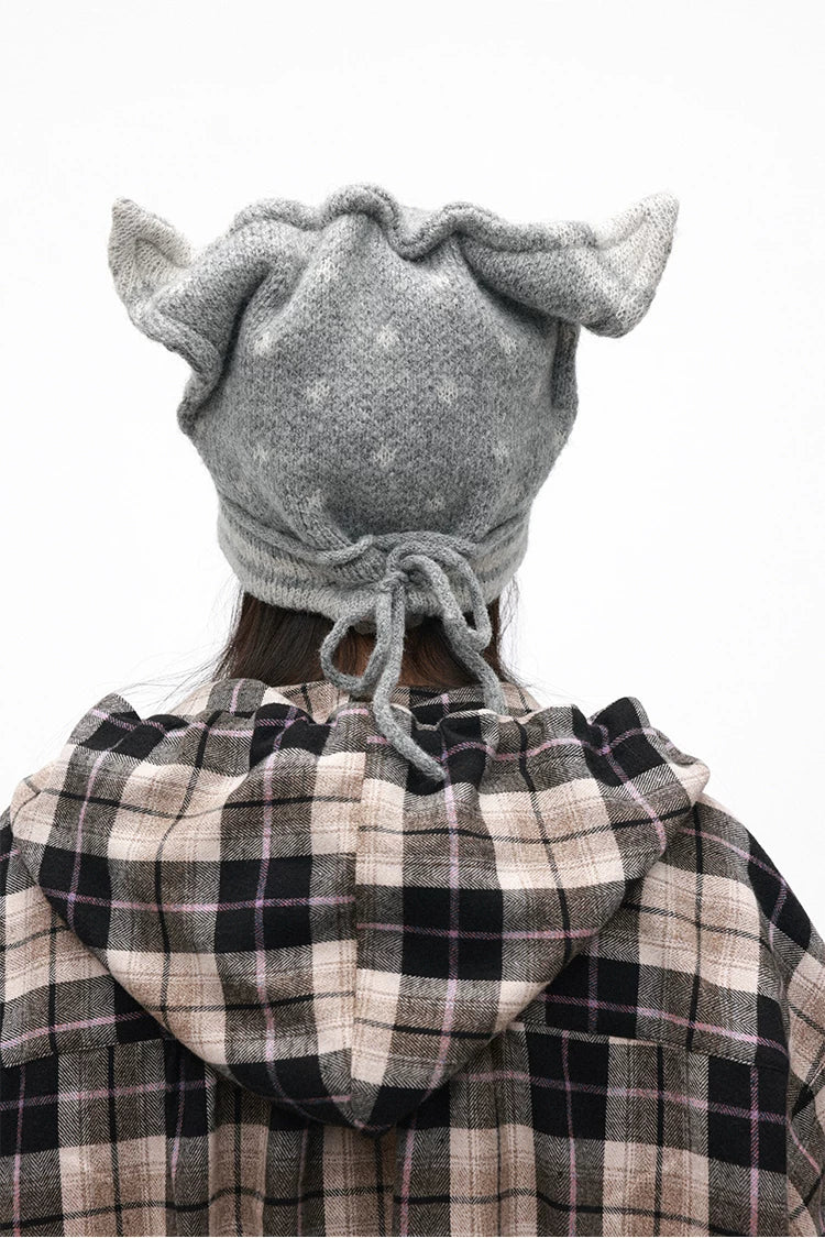 Adjustable Cat Ear Knit Hat – Soft Gold Velvet Polka Dot Beanie