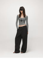 Velvet Tie U-Neck Half-Placket Fitted Knit Top