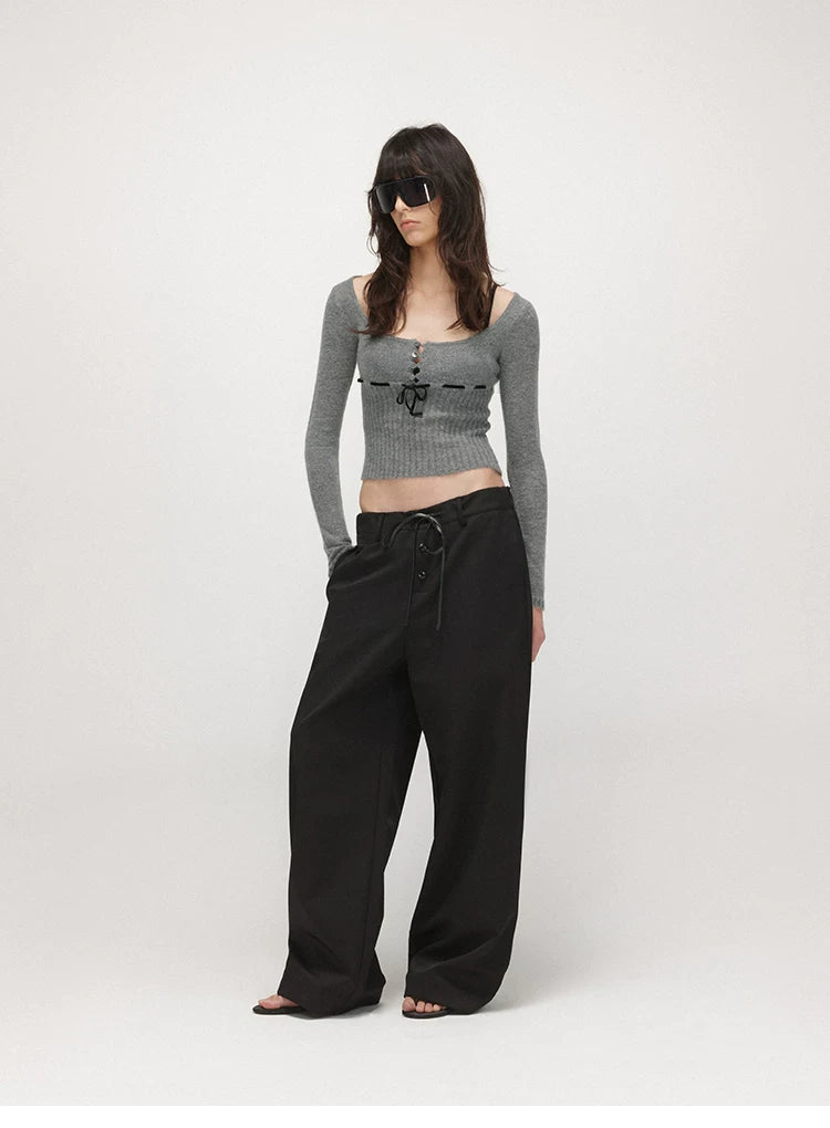 Velvet Tie U-Neck Half-Placket Fitted Knit Top