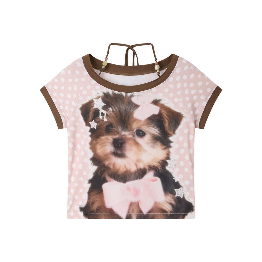 Puppy Polka Dot Contrast Crop T-Shirt