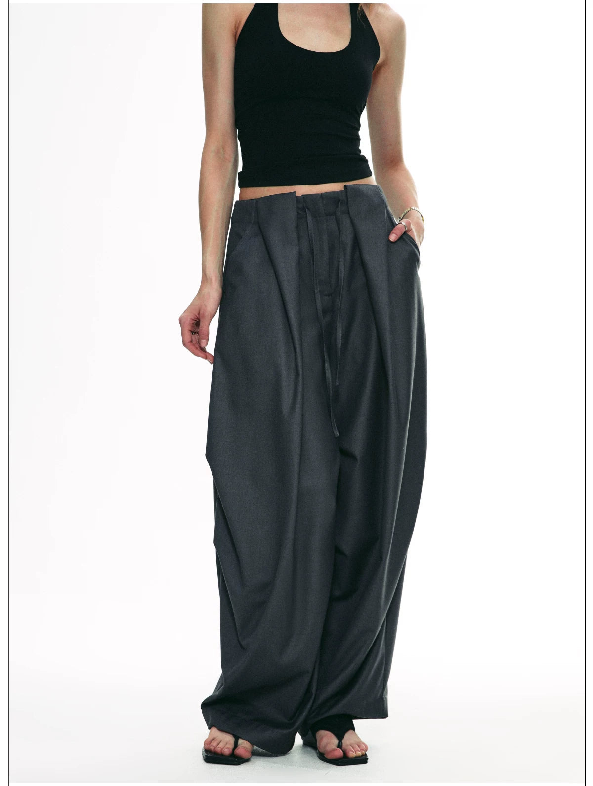 Wrinkle-Resistant Draped Wide-Leg Parachute Pants