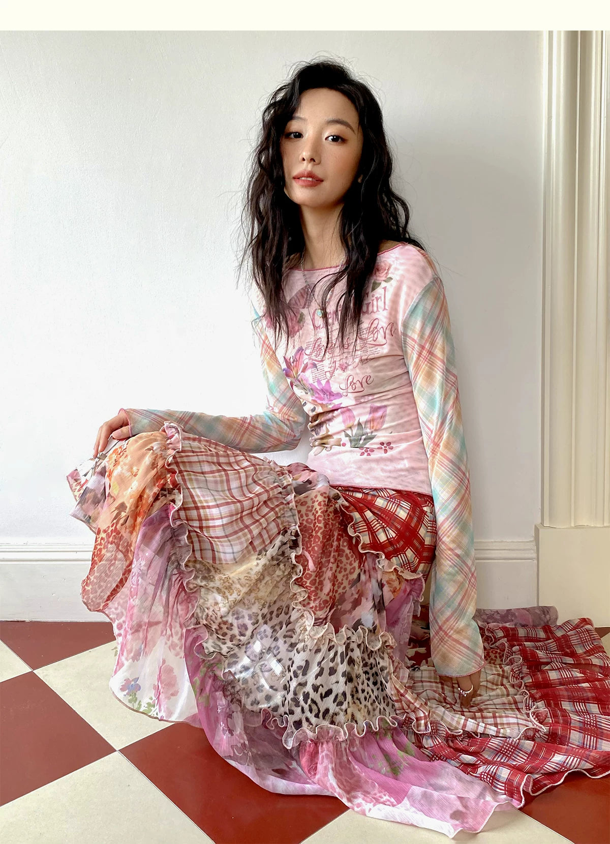 Irregular Patchwork Plaid Tiered Skirt