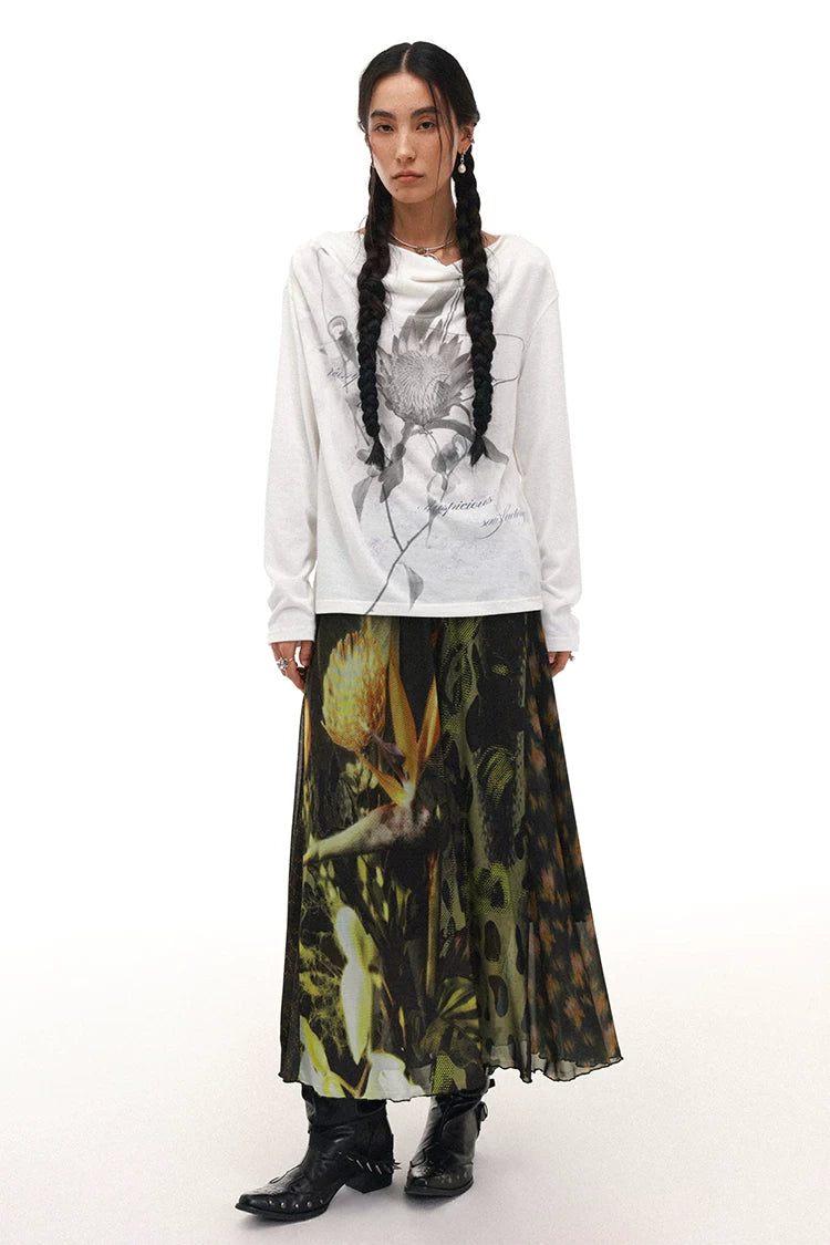 Floral Asymmetric Draped Midi Skirt