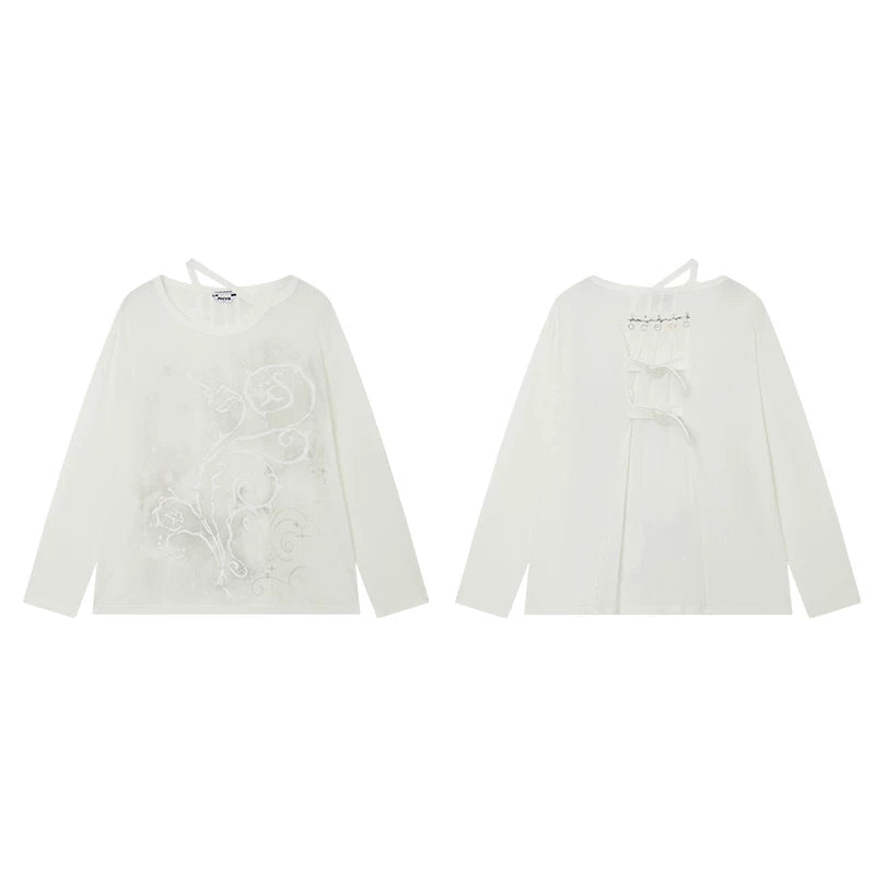 Semi-Sheer Printed Fitted Knit Long Sleeve T-Shirt