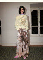 All-Over Doll Print Wide-Leg Denim Pants