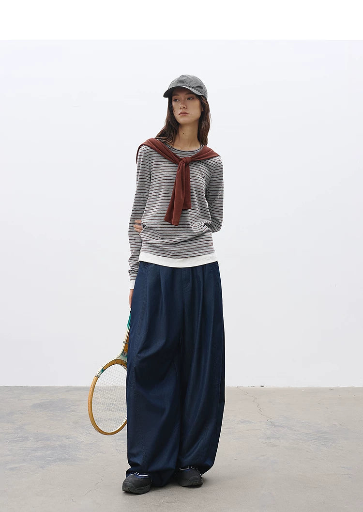 Crew Neck Relaxed Fit Layered-Look Striped T-Shirt – Casual Two-in-One Tee Secondary image