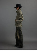 Cropped Trench Jacket with Stand Collar and Curved Shoulders