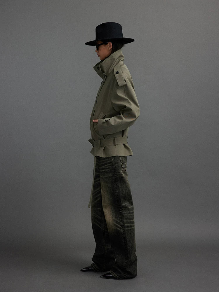 Cropped Trench Jacket with Stand Collar and Curved Shoulders