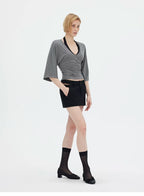 V-Neck Batwing Sleeve Waist-Cinching Knit Top