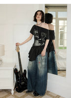 NANA Collaboration Asymmetrical Off-Shoulder Lace Hem Lace-Up Graphic T-Shirt