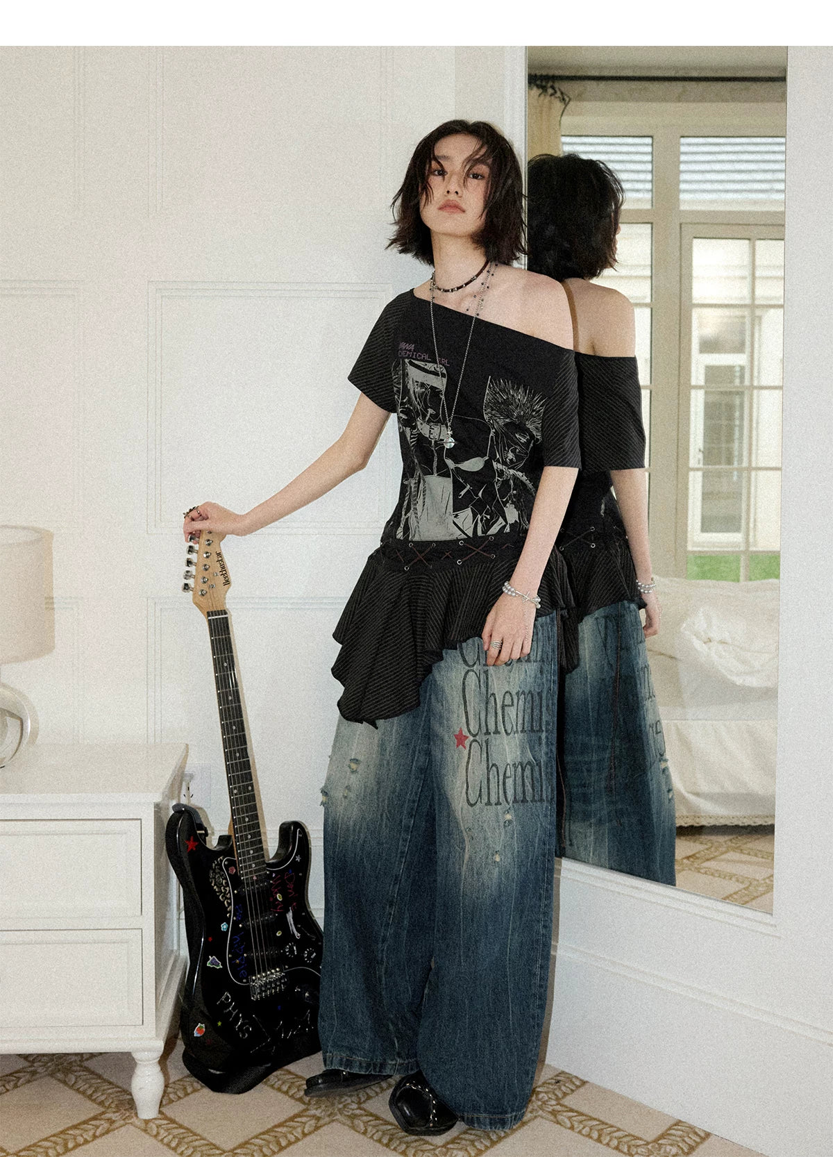 NANA Collaboration Asymmetrical Off-Shoulder Lace Hem Lace-Up Graphic T-Shirt