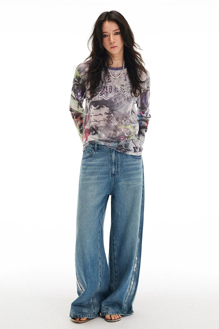 Pop Art Collage Stretch Mesh Long Sleeve Top