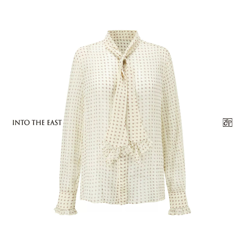 White Paisley Ruffle Tie-Neck Blouse