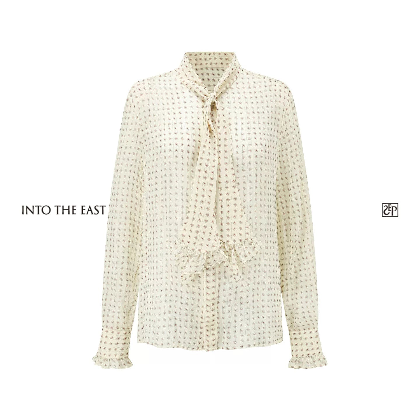 White Paisley Ruffle Tie-Neck Blouse