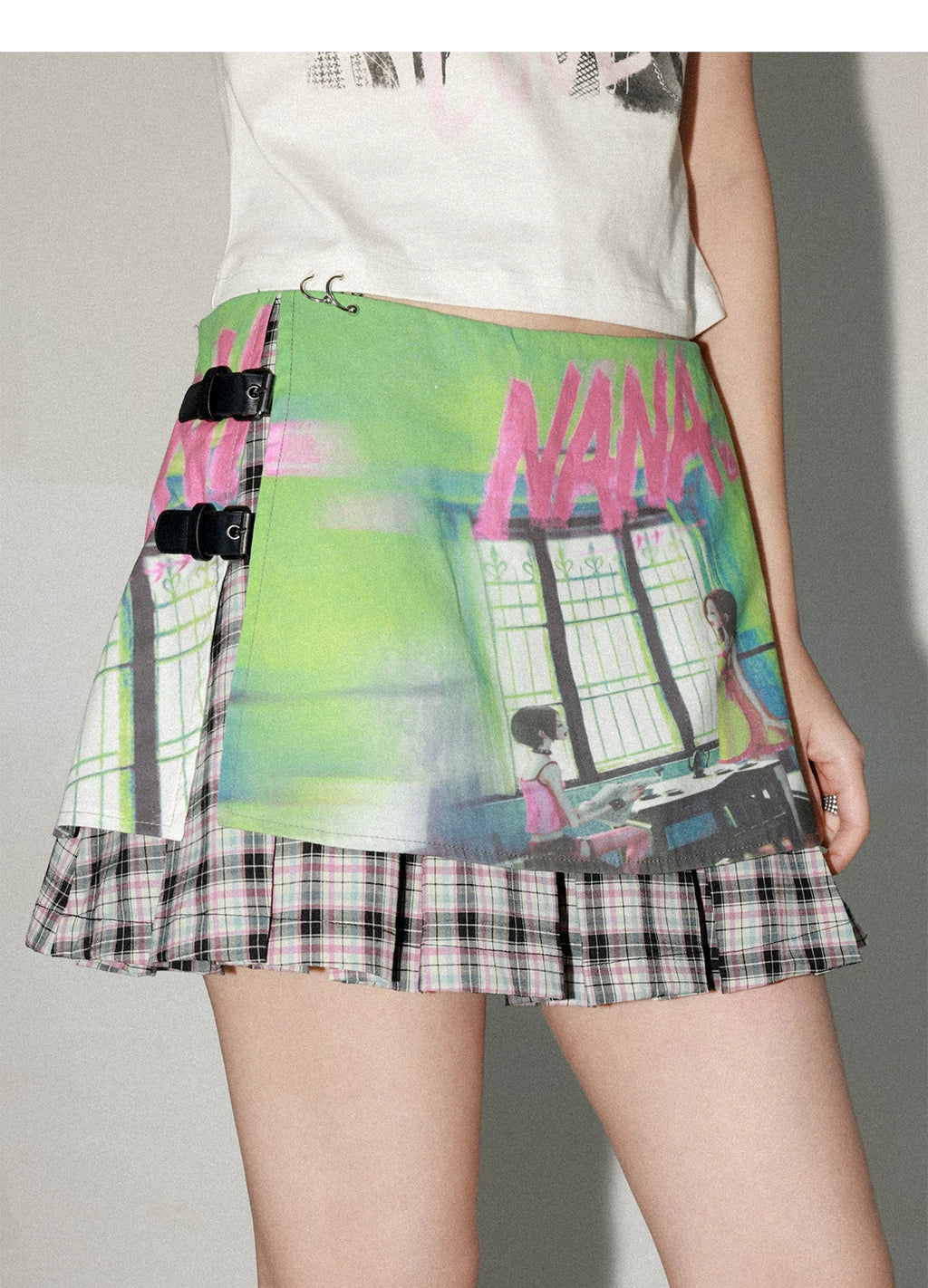 NANA Collaboration Plaid Patchwork Printed Pleated Skirt