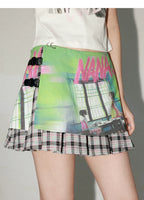 NANA Collaboration Plaid Patchwork Printed Pleated Skirt