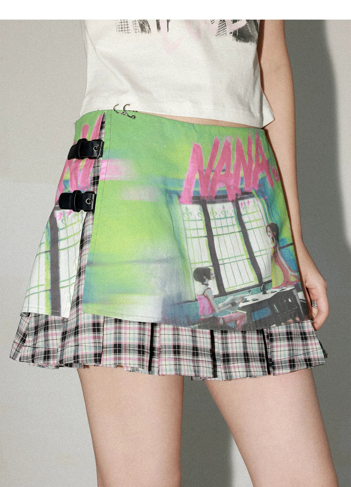 NANA Collaboration Plaid Patchwork Printed Pleated Skirt