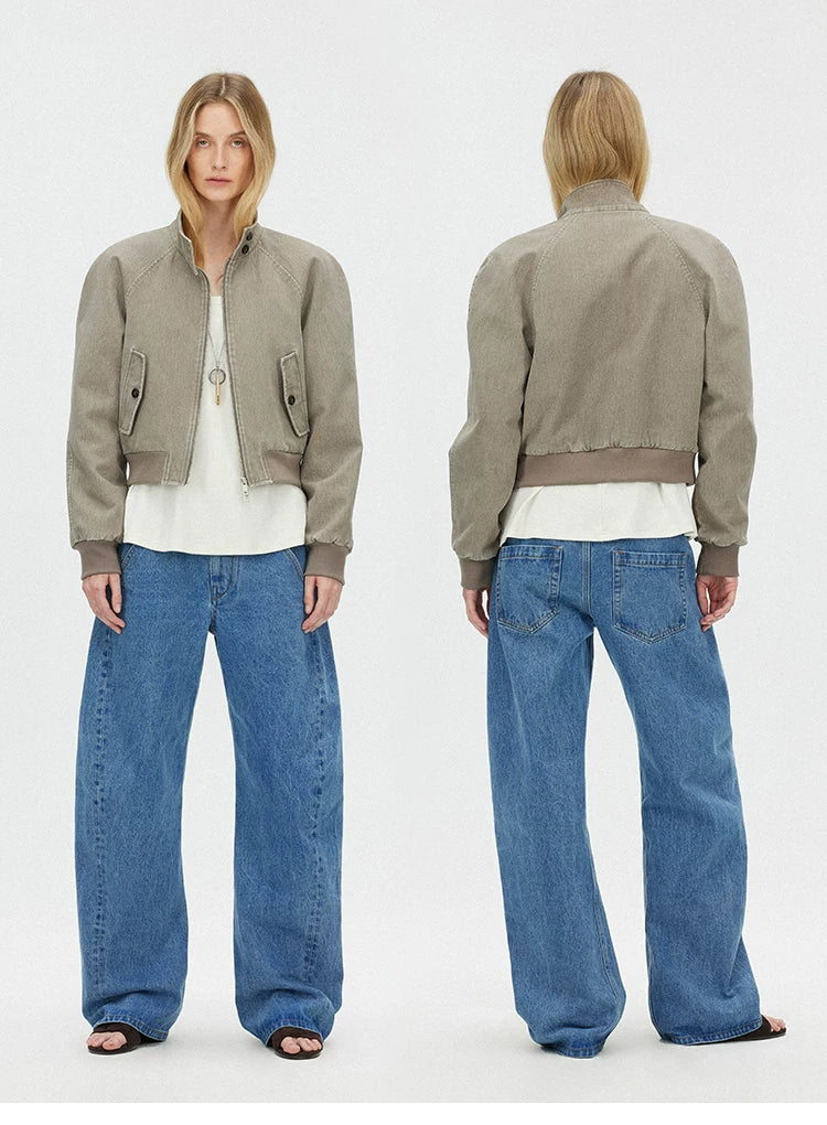 Vintage Washed Cropped Jacket with Plaid Lining