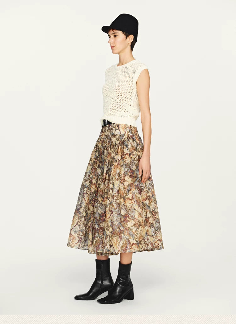 Mosaic Print Crinkle Pleated Midi Skirt
