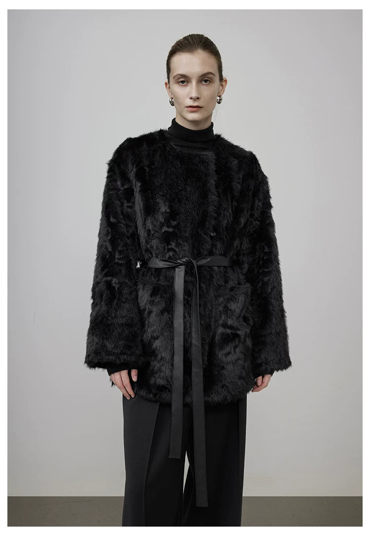 Black Faux Shearling Fur-Lined Coat