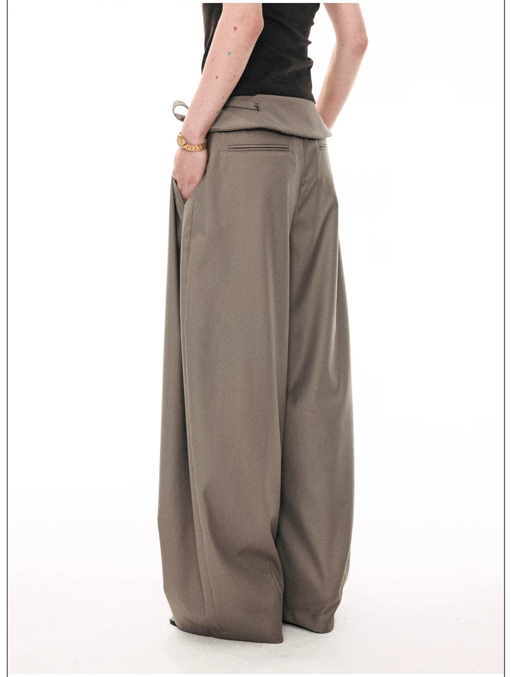 French Style Foldover Wide-Waist Tie Loose Wide-Leg Pants