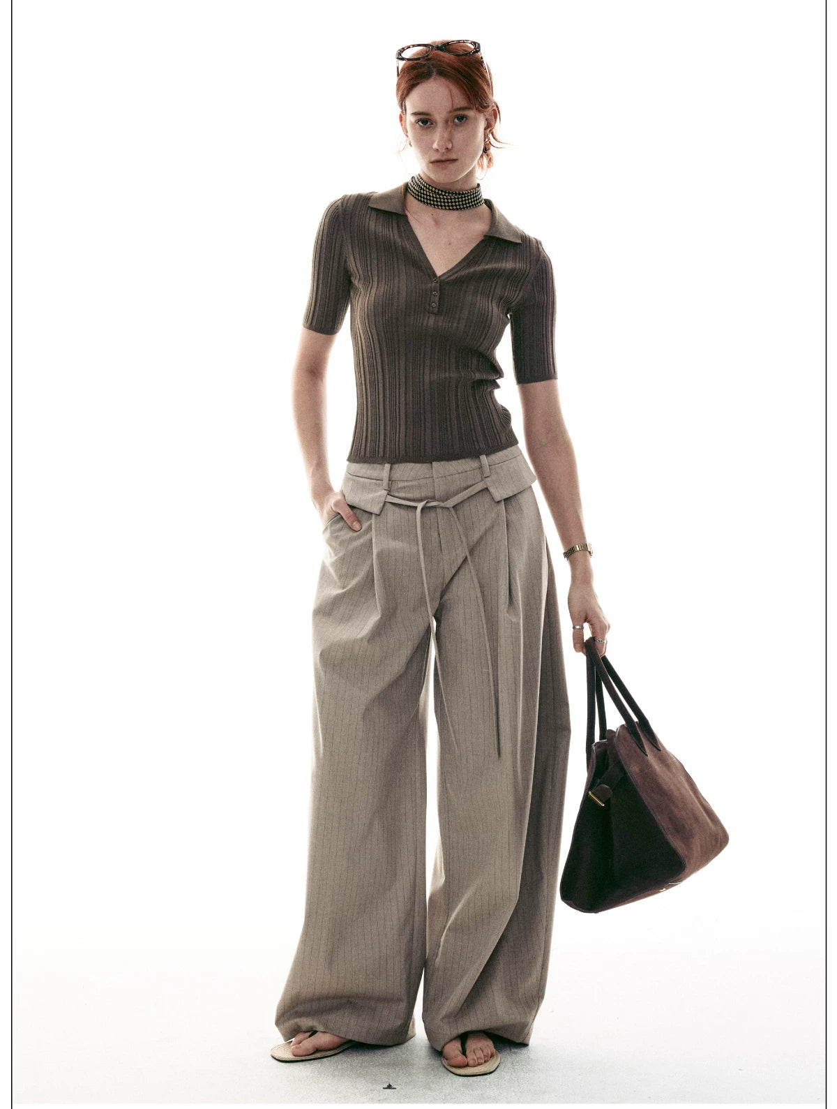 French-Inspired Ribbed Half Sleeve Polo Knit Top