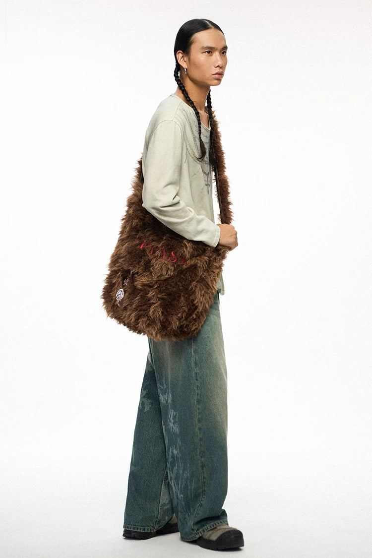 Brown Plush Embroidered & Leather Crossbody Bag – Large Capacity