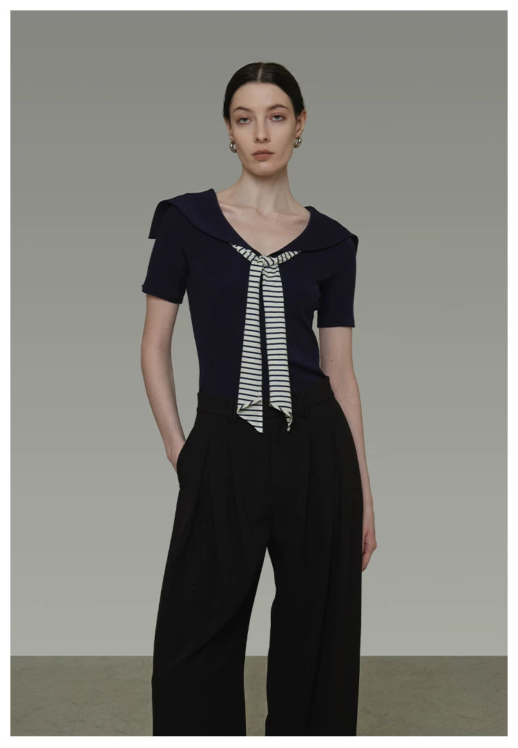 Vintage Sailor Collar Striped Knit Short Sleeve Top with Tie Detail