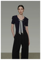 Vintage Sailor Collar Striped Knit Short Sleeve Top with Tie Detail