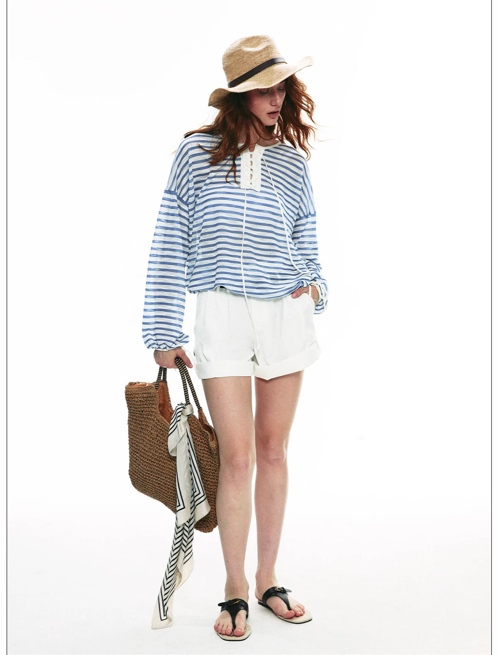 French Striped Lightweight Knit Long Sleeve Top