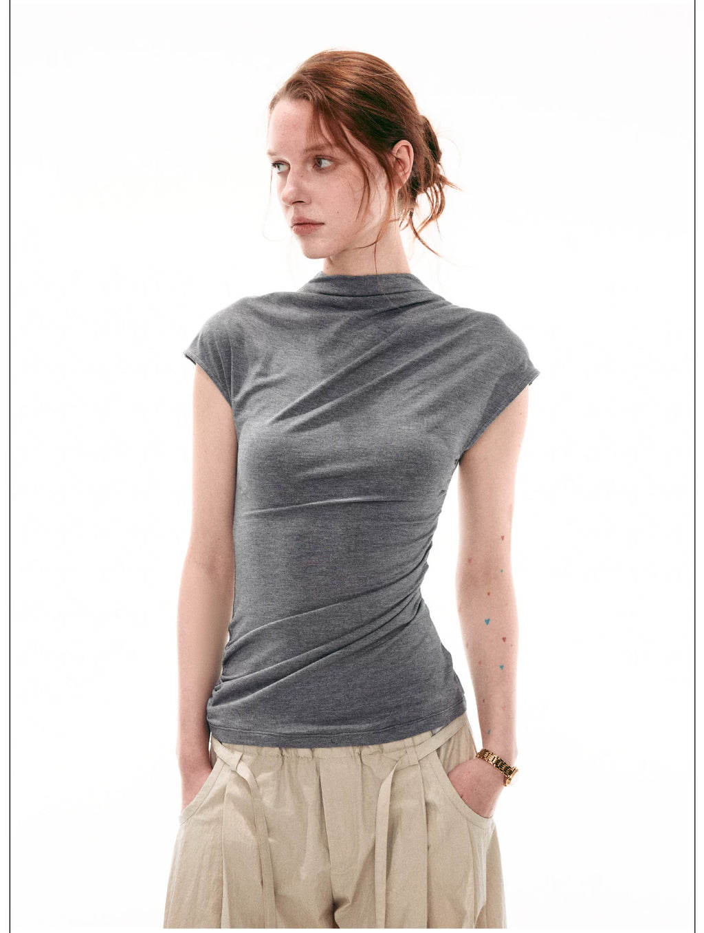 French-Inspired Mock Neck Ruched Slim-Fit Cap Sleeve Top