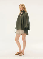Blue Semi-Sheer Accordion Pleated Mock Neck Top