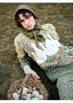 Handmade Plush Gradient Sweater with Goose Appliqué and Floral Embroidery