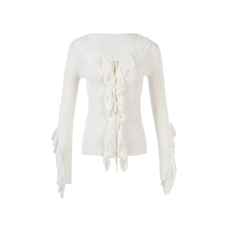 Lace Ruffle V-Neck Knit Cardigan
