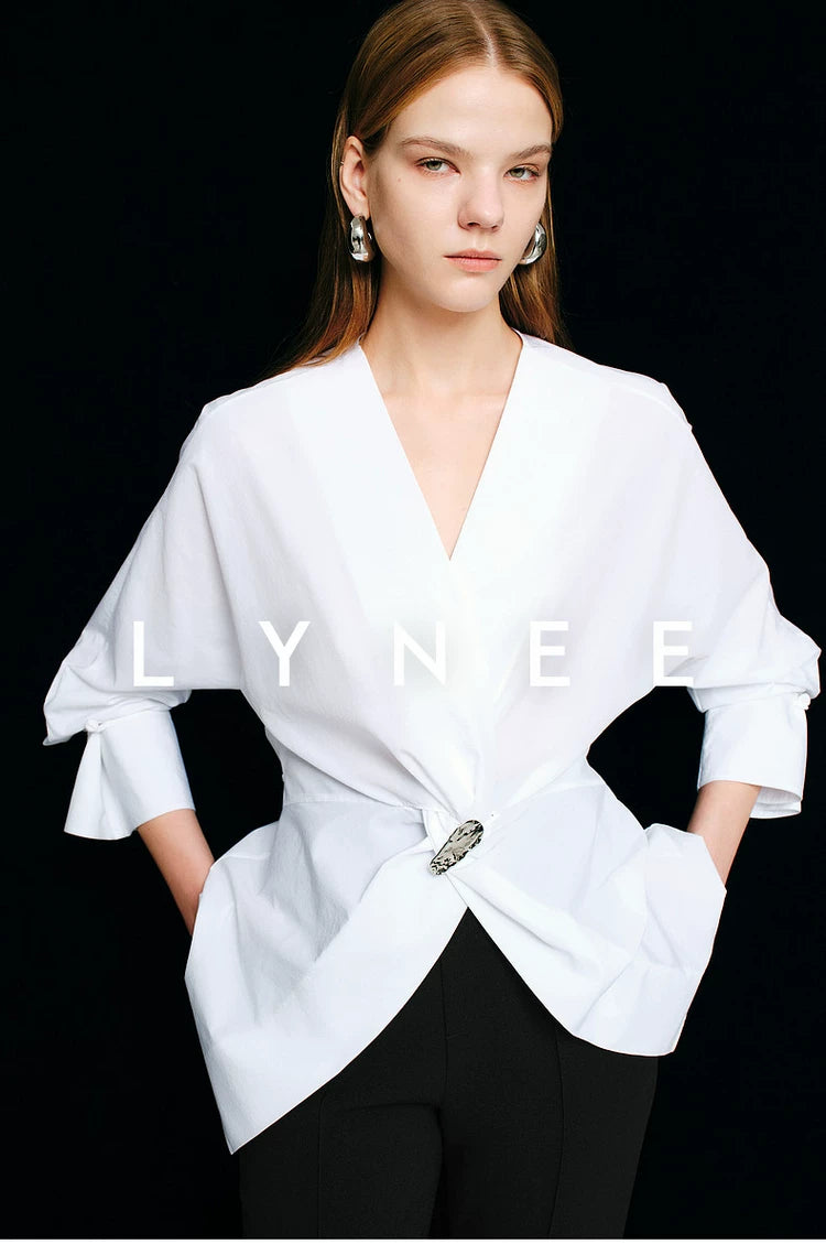 French V-Neck Waist-Cinching Blouse