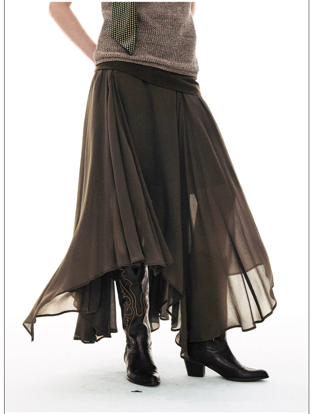 French-Inspired Faux Two-Piece Asymmetric Silk Skirt