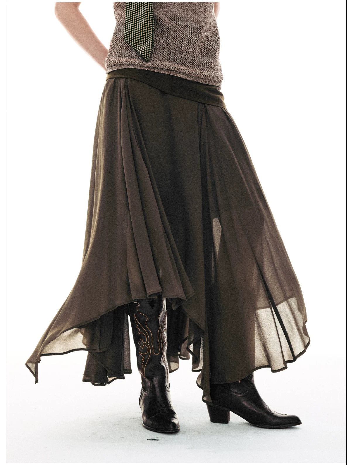 French-Inspired Faux Two-Piece Asymmetric Silk Skirt
