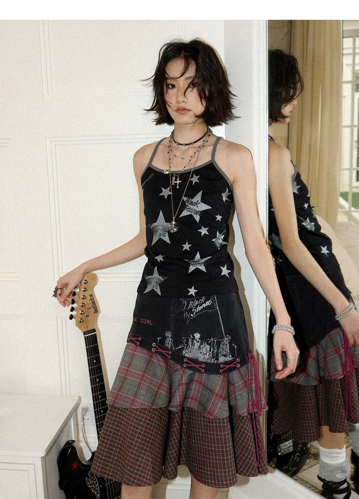 NANA Collaboration Plaid Patchwork Lace-Up Tiered Skirt Secondary image