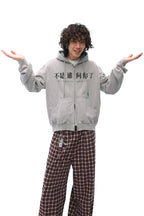 Oversized Gray Zip Hoodie with Trendy Slogan Print