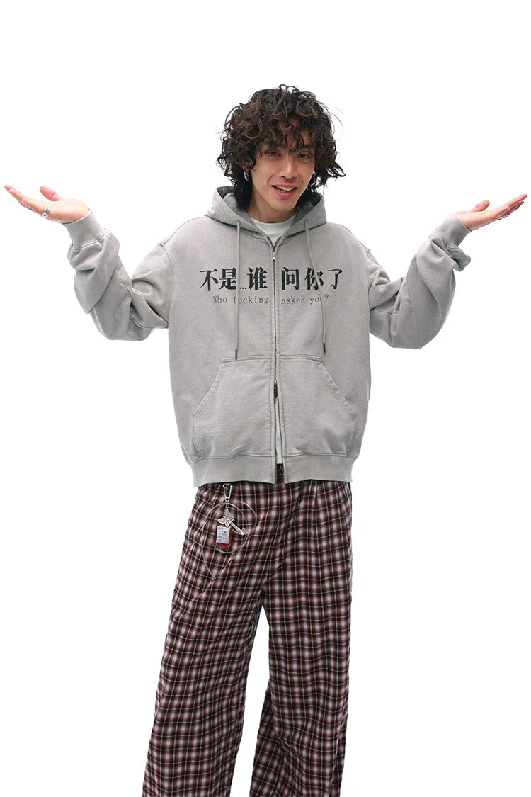 Oversized Gray Zip Hoodie with Trendy Slogan Print