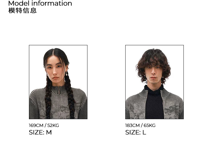 Chinese-Inspired Dragon Print Half-Zip Cardigan Sweater
