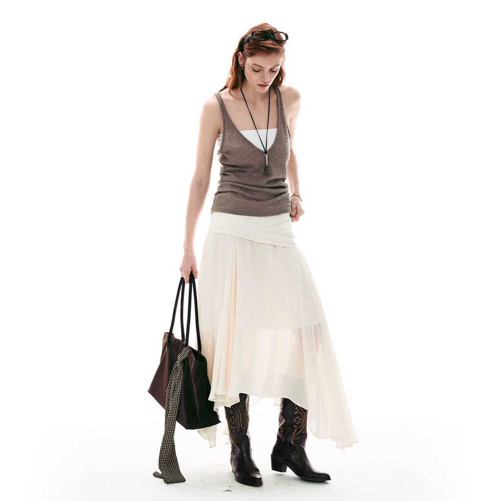 French-Inspired Faux Two-Piece Asymmetric Silk Skirt