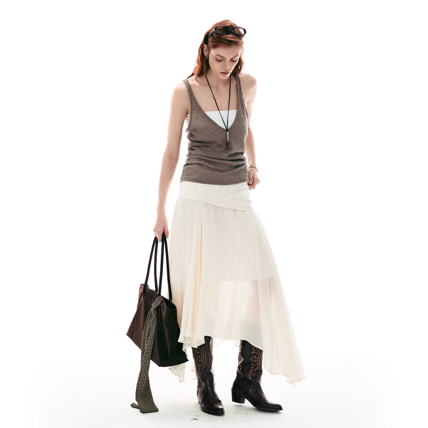 French-Inspired Faux Two-Piece Asymmetric Silk Skirt