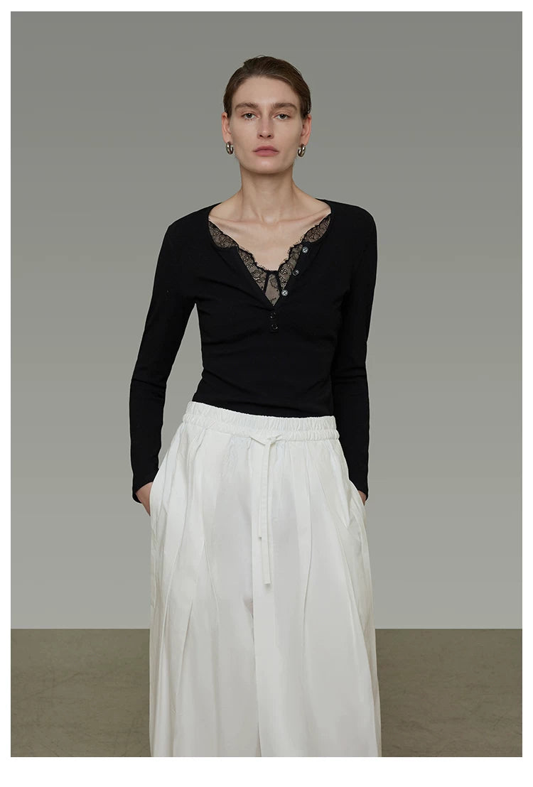 Minimalist Lace V-Neck Slim-Fit Knit Top