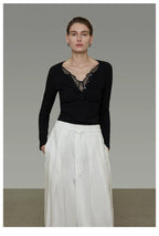 Minimalist Lace V-Neck Slim-Fit Knit Top