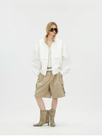 Contrast Trim Double-Placket Stand Collar Oversized Jacket