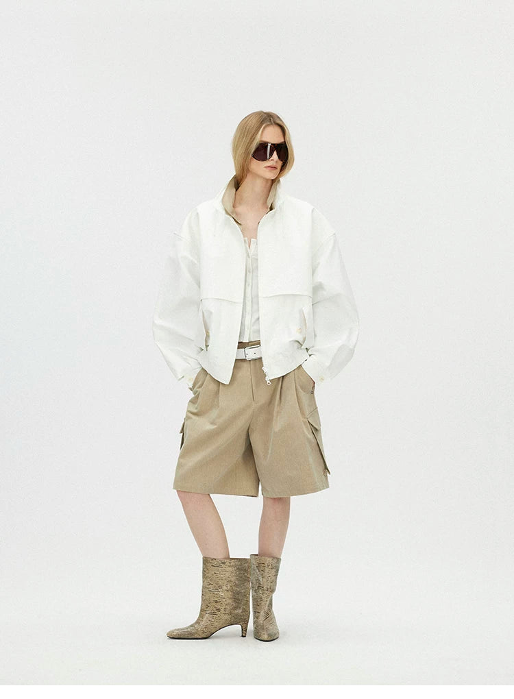 Contrast Trim Double-Placket Stand Collar Oversized Jacket