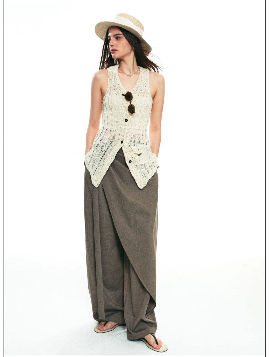 French Vintage Sleeveless Pointelle Knit Vest for Summer