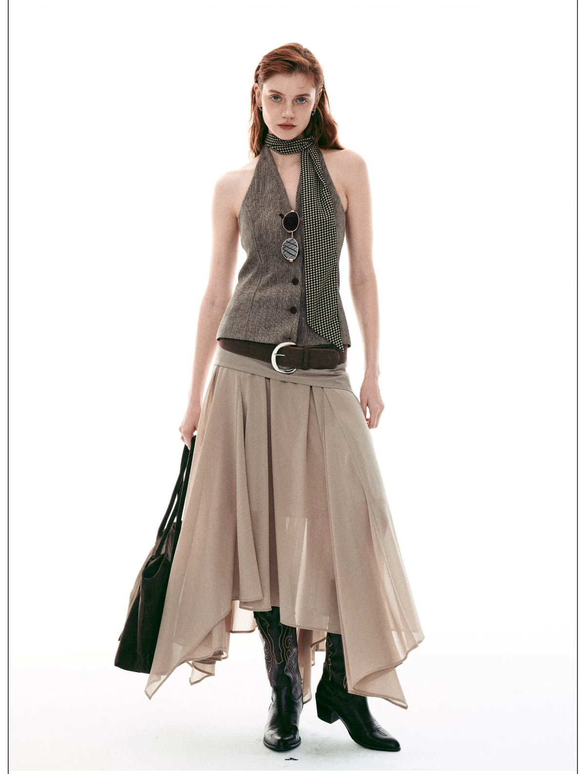 French-Inspired Faux Two-Piece Asymmetric Silk Skirt