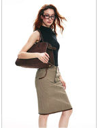 Vintage Contrast Leather Trim Utility Pencil Skirt